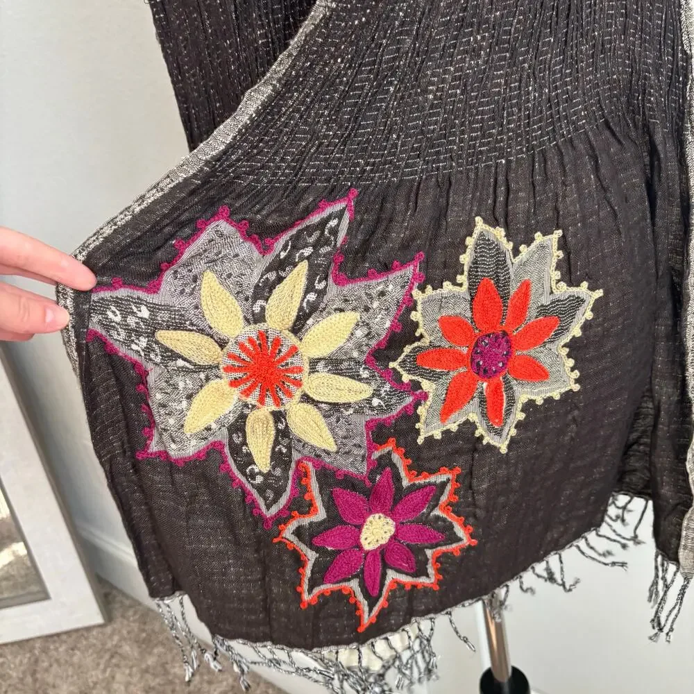Embroidered Floral Smocked Pashmina Shawl Wrap Scarf Boho Fringe Reversible